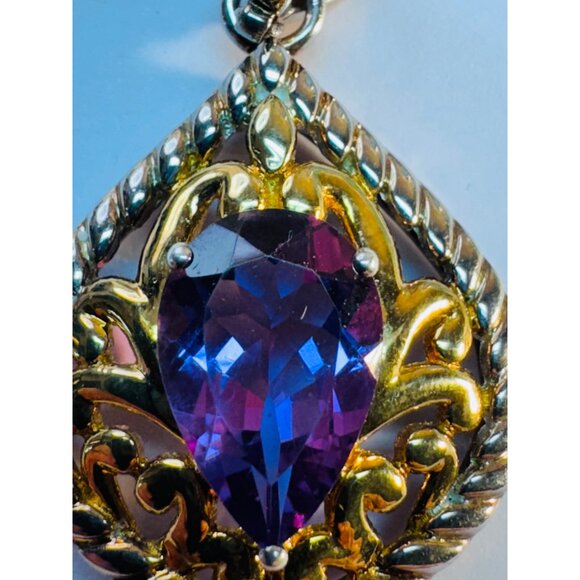 Estate Sterling Silver 925 Gold Tone Filigree Pendant w/ Pear Amethyst Gemstone - Picture 6 of 9